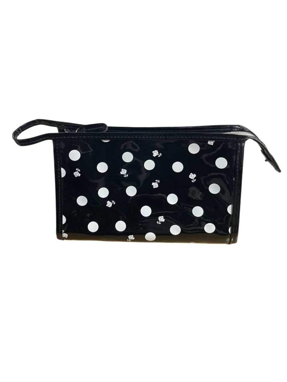 Lancome Black Rose & Polka Dot Wristlet Small Makeup Bag Glossy Cosmetic Storage